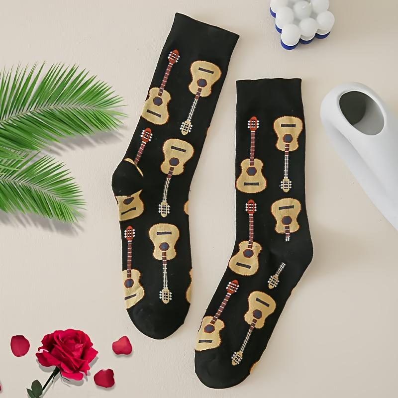 Men's Fashion Cartoon Guitar Pattern Socks, Breathable Comfort and Casual Tube Socks, a Must-Have Item for Men's Outdoor Wear