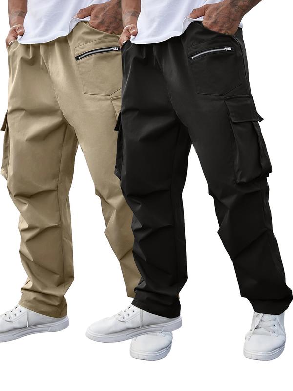  Men's Solid Pocket Drawstring Waist Cargo Pants, Regular Fit Casual Zipper Design Trousers for Daily Wear, Men's Bottoms for All Seasons