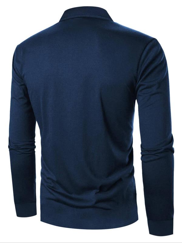Men's Regular Fit Patchwork Long Sleeve Polo Shirt, Casual Button Front Collared Top for Spring & Fall, Fashion Men's Clothes for Daily Wear, Fall Outfits, Fallfreshness