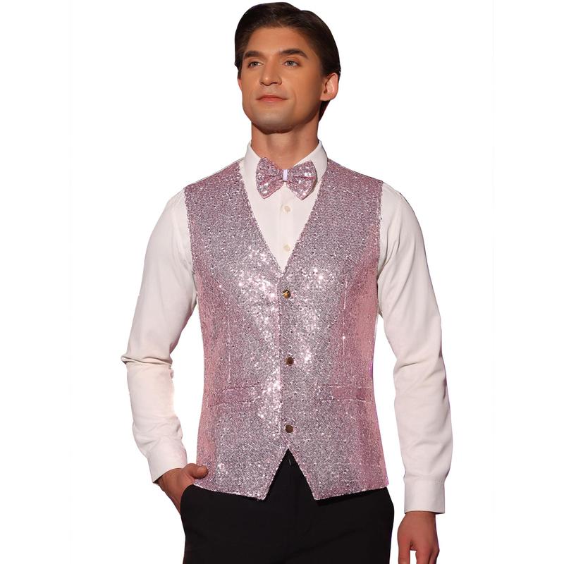 Lars Amadeus Men's Sequin Shiny Slim Fit Vest Sleeveless Suit Waistcoat Set with Bow Tie, Pink