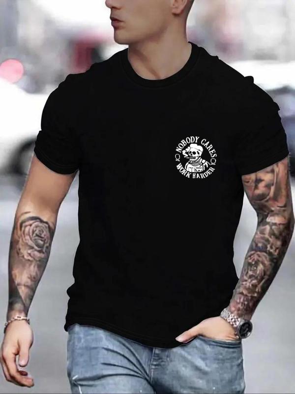 Men's Letter & Skull Print Round Neck Tee, Regular Fit Casual Short Sleeve Crew Neck T-shirt for Daily Wear, Graphic Tees, Comfy Knitting Streetwear for All Seasons