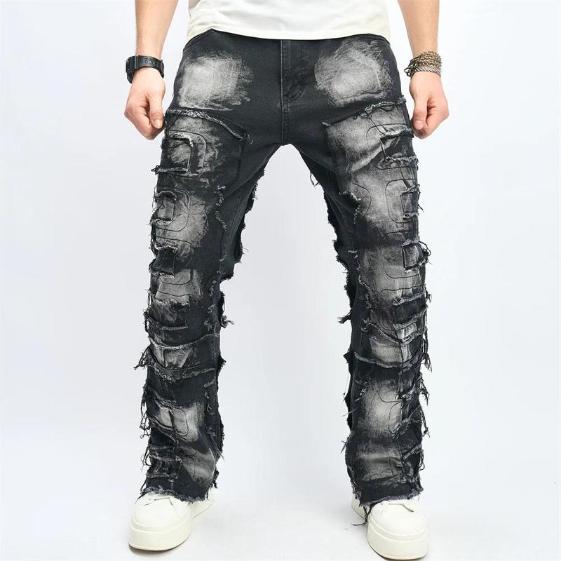 Stylish Men Ripped Distressed Street Style HipHop Straight Jeans Trousers Male Holes Patch Spliced Slim Biker Denim Pants