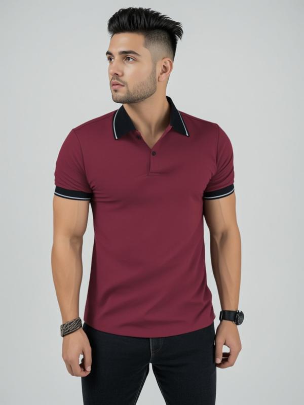 Men's Contrast Binding Buttons Polo Shirt, Regular Fit Casual Fashion Short Sleeve Polo Collar Shirt Top, Polo Shirt for Men 2024, Fall Tops, Back To School Outfits, Polo Shirts Men, Mens Clothing