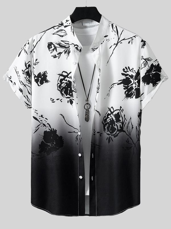 Men's Ombre Floral Print Button Front Shirt, Regular Fit Streetwear Casual Fashion Short Sleeve Collared Shirt for Summer,  Shirts for Men, Men's Top for Beach Vacation Holiday