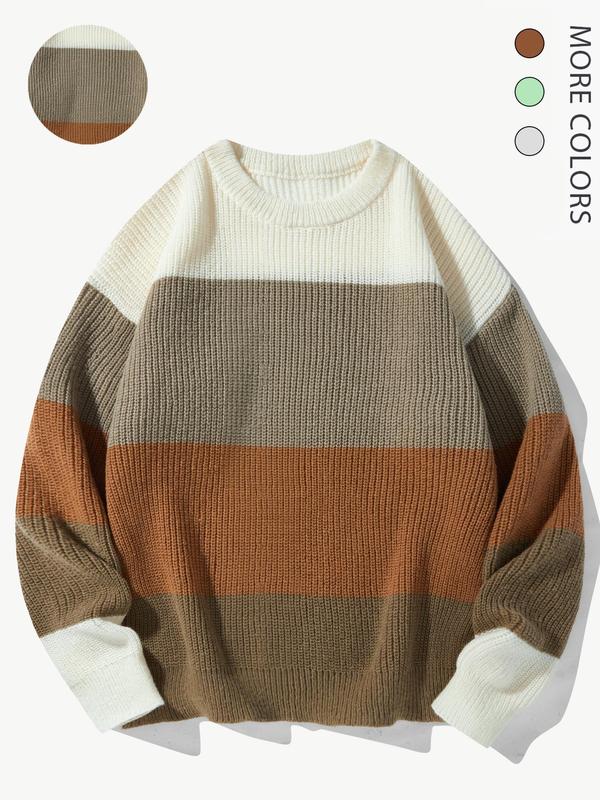 Men's Colorblock Patchwork Drop Shoulder Sweater, Casual Long Sleeve Round Neck Jumper for Fall & Winter, Fashion Cozy Chic Men's Knitwear for Daily Wear