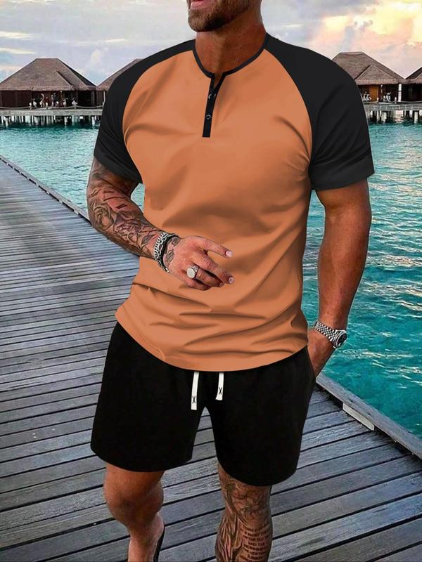 Two-piece Set Men's Colorblock Raglan Sleeve Button Tee & Plain Drawstring Pocket Shorts Set, Men's Summer Clothes, Regular Fit Casual Short Sleeve T-shirt & Elastic Waist Track Shorts, Men's 2 Piece Set for Outdoor Daily Wear, Menswear