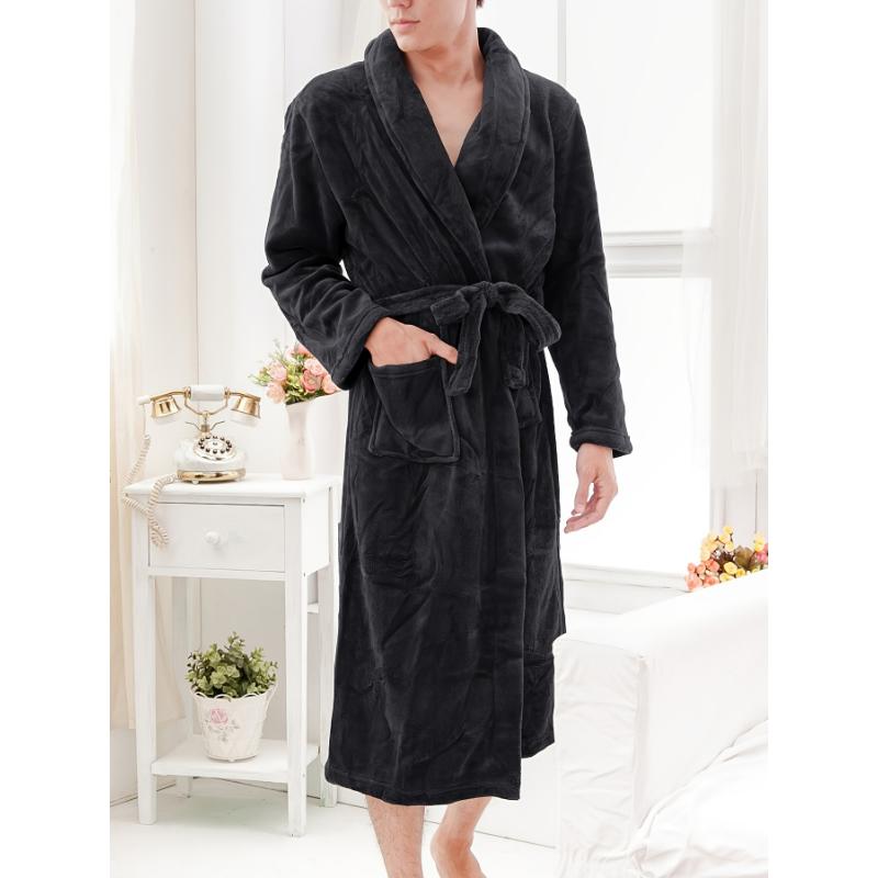 Men's Comfy Solid Fleece Robe Home Pajamas Wear With Pocket One-piece Lace Up Kimono Night-robe Warm Sets After Bath