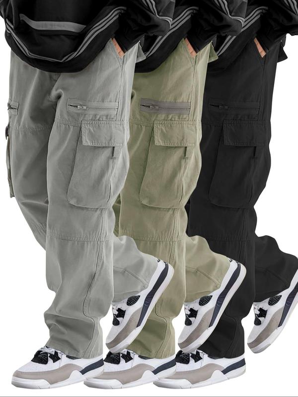 Men's Solid Flap Pocket Drawstring Cargo Pants, Casual Loose Zipper Pants for Outdoor Daily Wear, Woven Bottoms for All Seasons