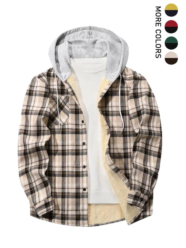 Men's Plaid Print Button Front Drawstring Hooded Shirt, Regular Fit Casual Long Sleeve Pocket Top for Fall & Winter, Men's Clothes for Daily Wear