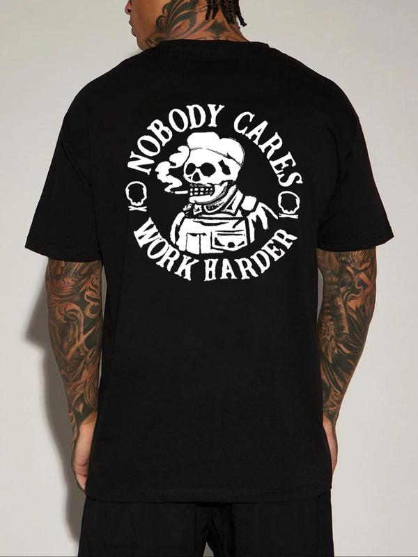 Men's Letter & Skull Print Round Neck Tee, Regular Fit Casual Short Sleeve Crew Neck T-shirt for Daily Wear, Graphic Tees, Comfy Knitting Streetwear for All Seasons