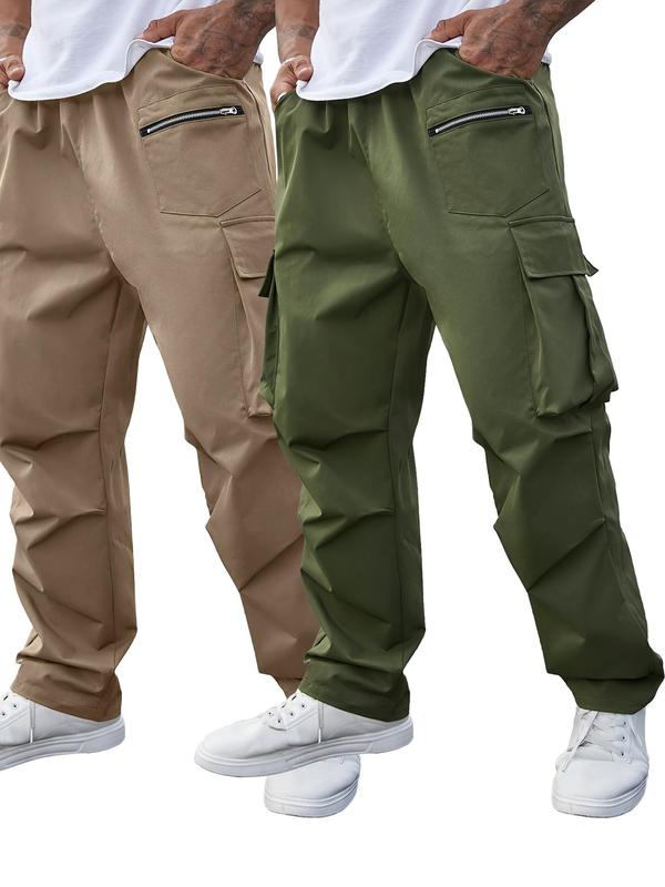  Men's Solid Pocket Drawstring Waist Cargo Pants, Regular Fit Casual Zipper Design Trousers for Daily Wear, Men's Bottoms for All Seasons