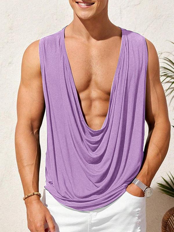 Men's Loose Solid Cowl Neck Tank Top, Casual Sleeveless Crop Top for Summer, Fashion Men's Clothes for Daily Wear