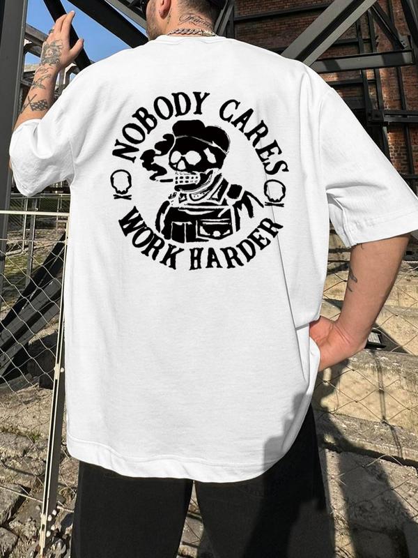 Men's Letter & Skull Print Round Neck Tee, Regular Fit Casual Short Sleeve Crew Neck T-shirt for Daily Wear, Graphic Tees, Comfy Knitting Streetwear for All Seasons