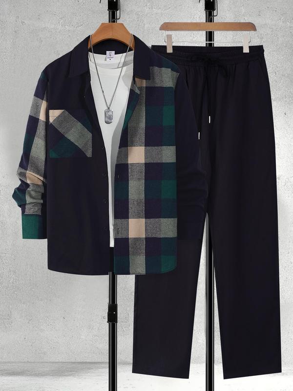 Men's Plaid Print Button Front Shirt & Drawstring Waist Pants Two-piece Set, Regular Fit Casual Long Sleeve Collared Top & Pocket Trousers for Fall & Winter, Men's Two-piece Outfits for Daily Wear