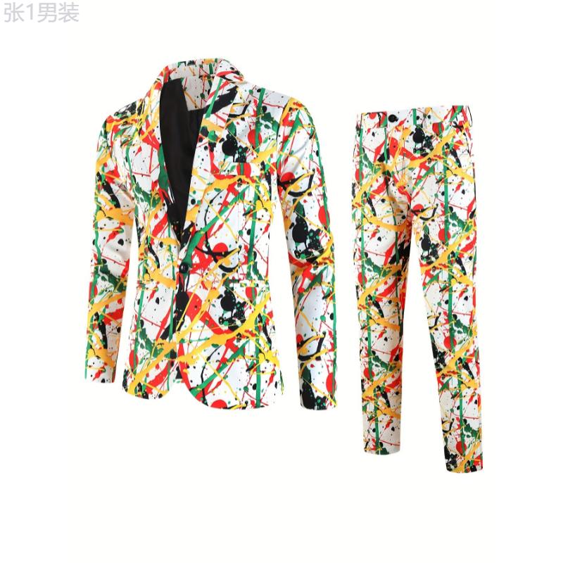 Men's 2-Piece Suit Set, Fashion 3D Allover Colorful Graffiti Splatter Print Blazer And Pants, Leisure Style, Party Wear Menswear Polyester