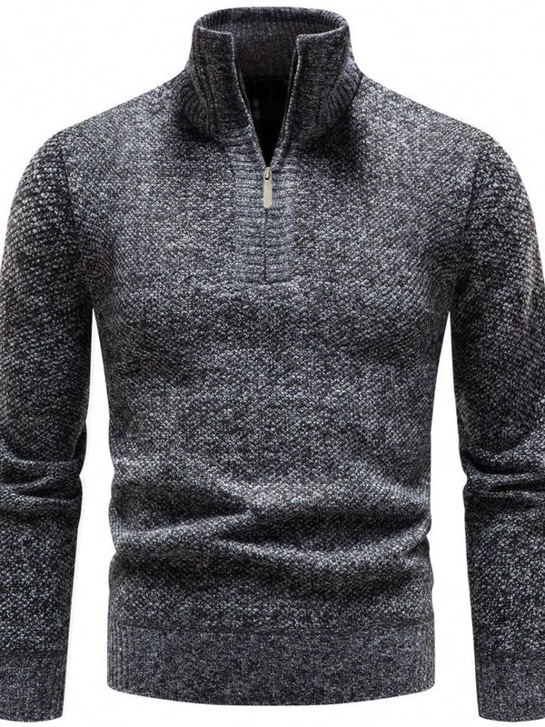 Men's Solid Zip Up Stand Collar Sweater, Casual Regular Fit Long Sleeve Jumper for Fall & Winter, Fashion Men's Knitwear for Daily Wear