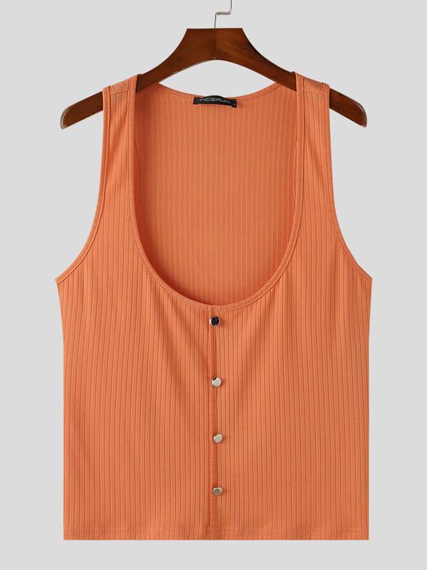 Men's Solid Button Front Scoop Neck Tank Top, Casual Sleeveless Top for Summer, Fashion Men's Clothes for Daily Wear