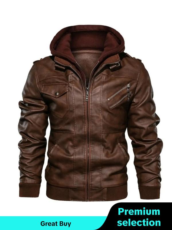 Men's Solid 2 in 1 Pocket Zipper Pu Leather Faux Fur Jackets, Casual Long Sleeve Hooded Outerwear for Fall & Winter, Men's Clothing, Men's Clothes for Daily Wear