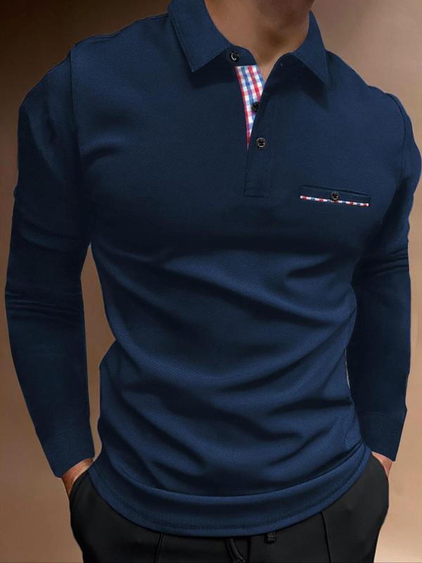 Men's Regular Fit Patchwork Long Sleeve Polo Shirt, Casual Button Front Collared Top for Spring & Fall, Fashion Men's Clothes for Daily Wear, Fall Outfits, Fallfreshness