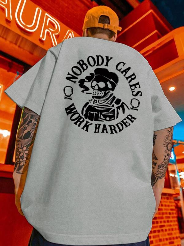 Men's Letter & Skull Print Round Neck Tee, Regular Fit Casual Short Sleeve Crew Neck T-shirt for Daily Wear, Graphic Tees, Comfy Knitting Streetwear for All Seasons