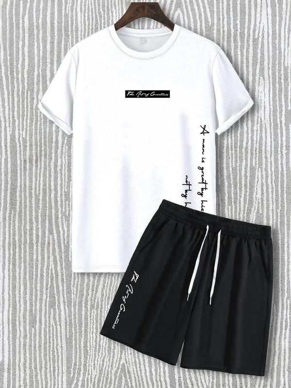 Two-Piece Set Men's Letter Print Tee & Drawstring Pocket Shorts Set, Regular Fit Streetwear Casual Short Sleeve T-shirt & Shorts, Men's Designer Outfits Set, Men Summer Outfits 2024