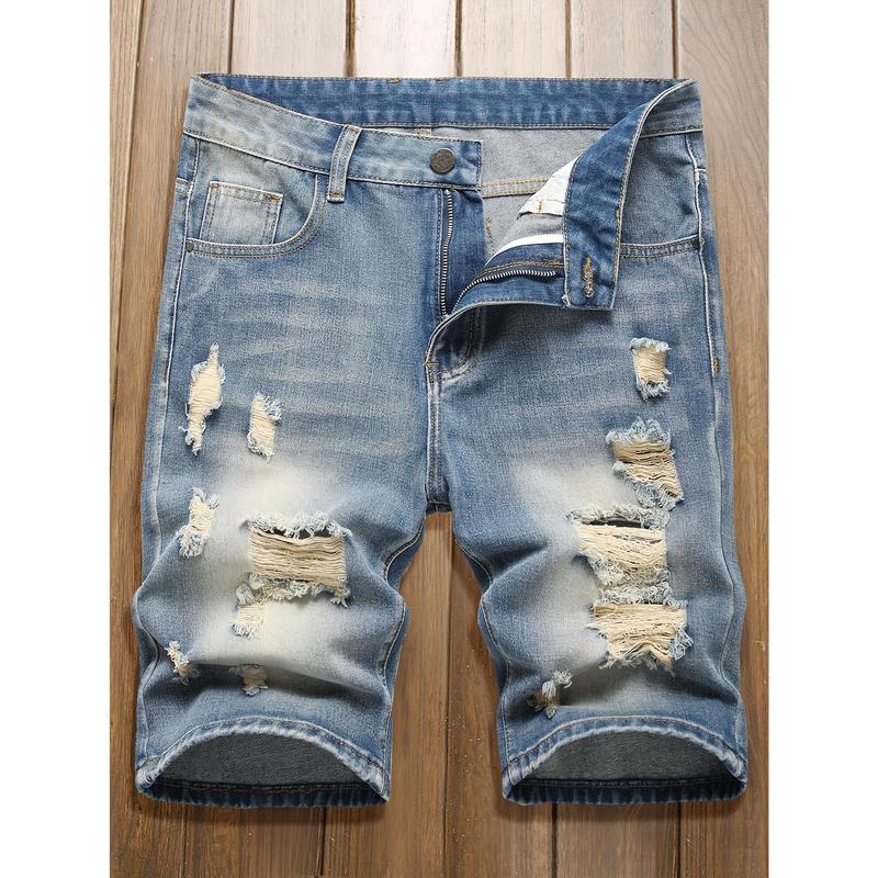 New-Mens fashionable ripped denim shorts-casual street style with distressed detailing-comfortable straight leg fit for trendy summer wear Jean Menswear Trouser Streetwear