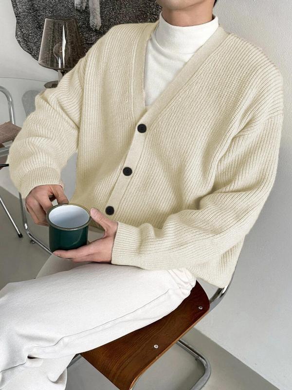 Men's Solid Button Front Drop Shoulder Cardigan, Loose Casual Long Sleeve V Neck Knitwear for Fall & Winter, Men's Knit Clothing for Daily Wear