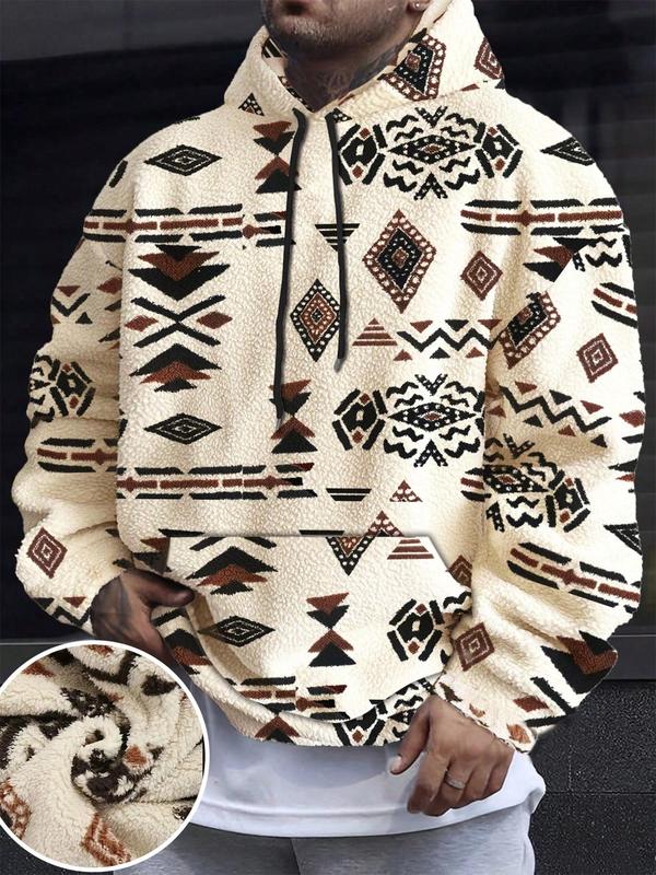 Men's Ethnic Pattern Drawstring Plush Hoodie, Casual Loose Long Sleeve Kangaroo Pocket Hooded Sweatshirt for Fall & Winter,  Vintage Clothing,  Fall Outfits 2024, Men's Clothes for Daily Wear