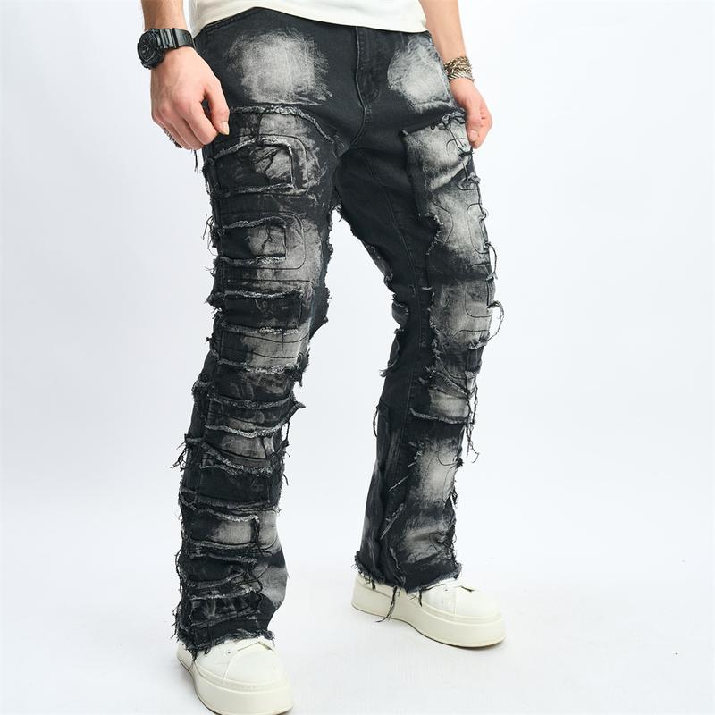 Stylish Men Ripped Distressed Street Style HipHop Straight Jeans Trousers Male Holes Patch Spliced Slim Biker Denim Pants