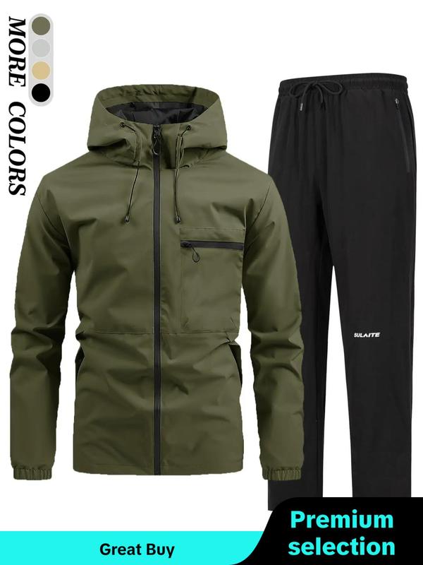 Men's Zip Up Hooded Jacket & Drawstring Waist Pants Two-piece Set, Regular Fit Casual Long Sleeve Hooded Outerwear & Pocket Trousers for Daily Wear, Men's Outfits for All Seasons