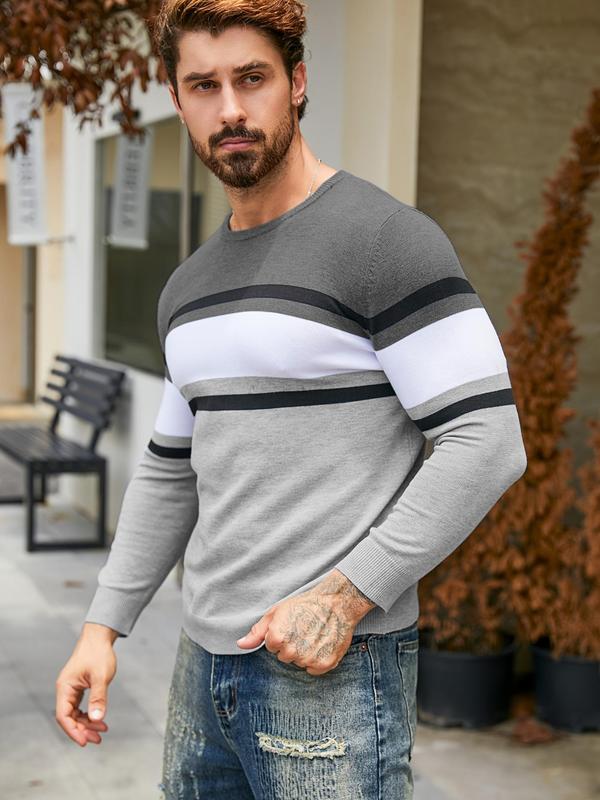 Men's Patchwork Print Round Neck Sweater, Regular Fit Casual Long Sleeve Crew Neck Jumper for Fall & Winter, Fashion Men's Knitwear for Daily Wear