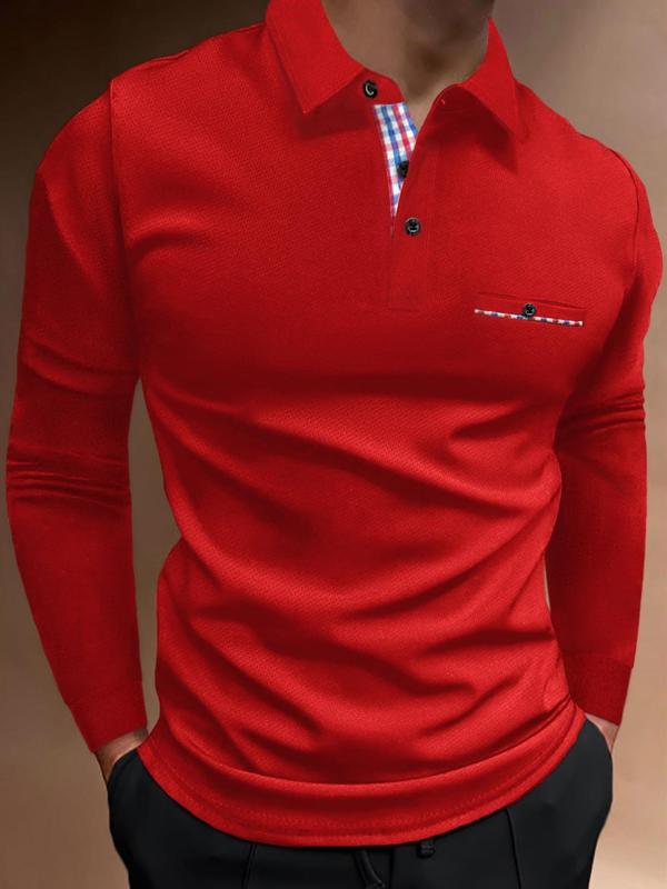 Men's Regular Fit Patchwork Long Sleeve Polo Shirt, Casual Button Front Collared Top for Spring & Fall, Fashion Men's Clothes for Daily Wear, Fall Outfits, Fallfreshness