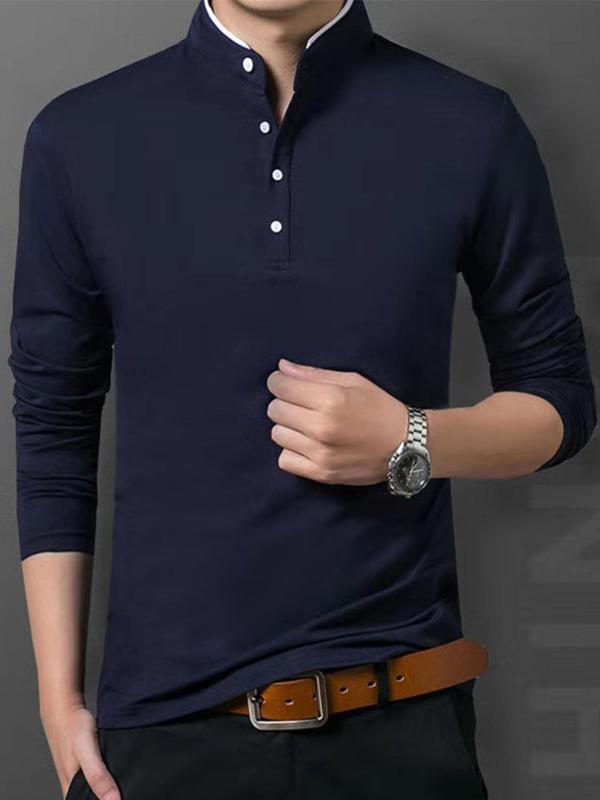 Men's Solid Color Long Sleeve Polo Shirt, Regular Fit Casual Fashion Button Front Collared Top for Spring & Fall, Men's Clothes for Daily Wear