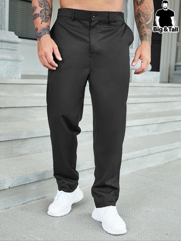 Plus Size Solid Button Pocket Suit Pants, Regular Fit Casual Comfy Trousers for Work Office Business Daily Wear, Men's Plus Size Bottoms for All Seasons