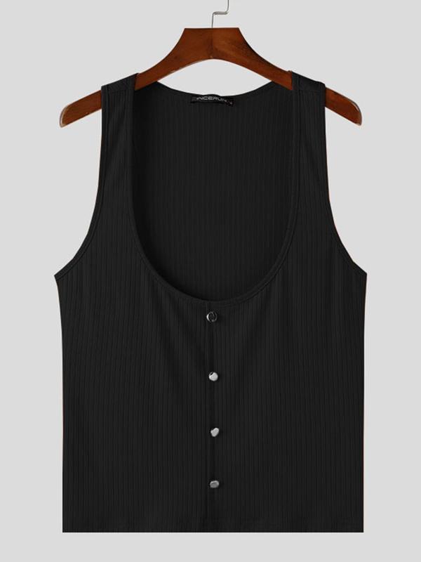 Men's Solid Button Front Scoop Neck Tank Top, Casual Sleeveless Top for Summer, Fashion Men's Clothes for Daily Wear