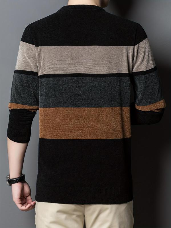 Men's Colorblock Striped Print Round Neck Sweater, Regular Fit Casual Long Sleeve Crew Neck Jumper for Fall & Winter, Fashion Men's Knitwear for Daily Wear