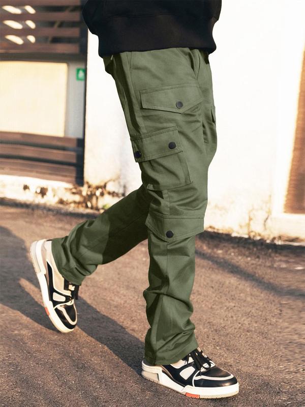 Men's Plain Pocket Drawstring Waist Cargo Pants, Pants for Men, Sporty Street Trousers, Stack Pants, Men's Bottoms, Casual Menswear, Men Cargo Pants,  Fall Clothes, Men's Emo Outfits for Daily Wear, Back To School Winter Wear, Vintage Clothing