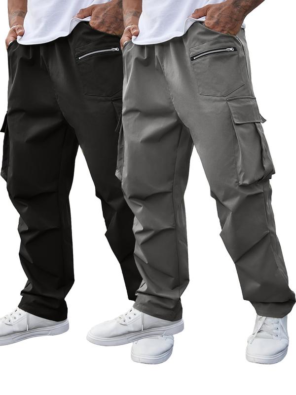  Men's Solid Pocket Drawstring Waist Cargo Pants, Regular Fit Casual Zipper Design Trousers for Daily Wear, Men's Bottoms for All Seasons