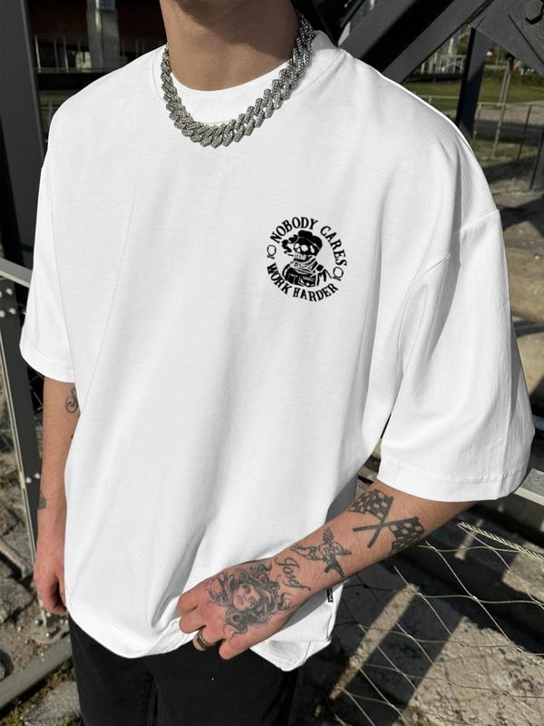 Men's Letter & Skull Print Round Neck Tee, Regular Fit Casual Short Sleeve Crew Neck T-shirt for Daily Wear, Graphic Tees, Comfy Knitting Streetwear for All Seasons