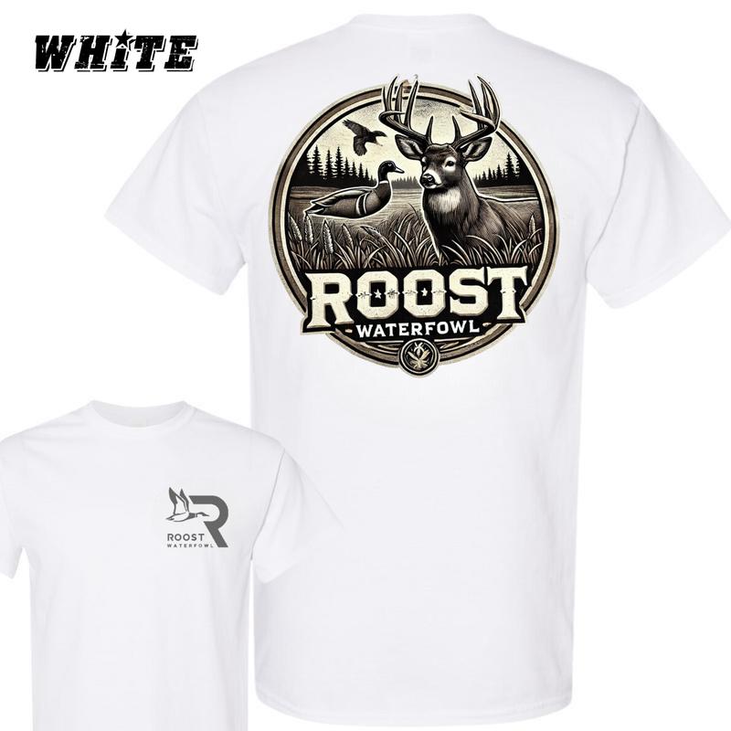 Roost Waterfowl T-Shirt - Buck And Duck Hunting Scene Graphic , Comfortable Black Unisex T-Shirt , Perfect For Outdoor And Hunting Enthusiasts , Stylish And Durable Apparel , Ideal For All Seasons Classic Crewneck Menswear Top