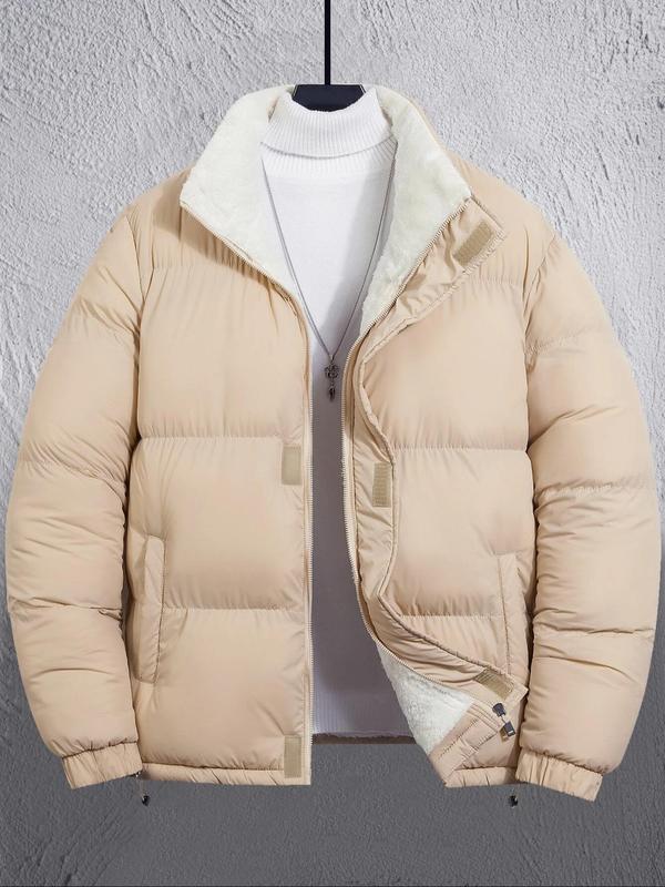 Men's Solid Pocket Zip Up Hooded Winter Coat, Regular Fit Casual Long Sleeve Thermal Lined Outerwear for Fall & Winter, Men's Clothes for Daily Wear