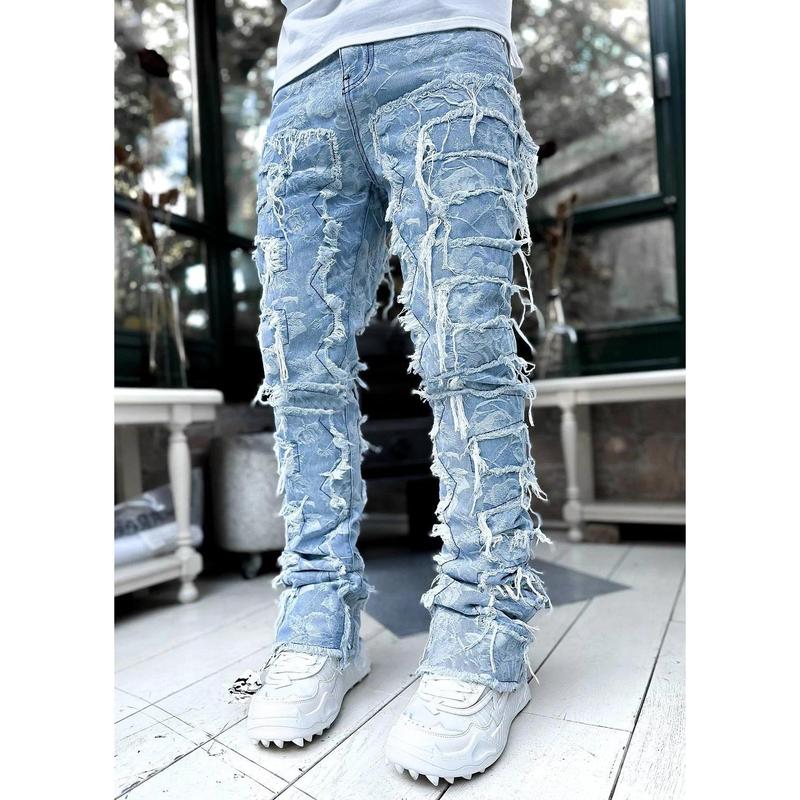 Men's Regular Fit Stacked Jeans Ripped Slim Fit Patch Distressed Destroyed Straight Denim Pants Hip Hop Streetwear Trouser Cloth