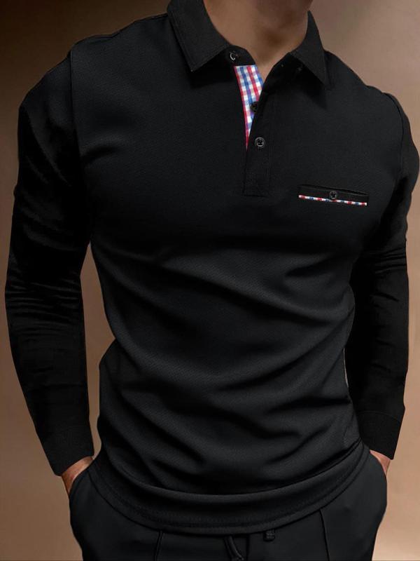 Men's Regular Fit Patchwork Long Sleeve Polo Shirt, Casual Button Front Collared Top for Spring & Fall, Fashion Men's Clothes for Daily Wear, Fall Outfits, Fallfreshness
