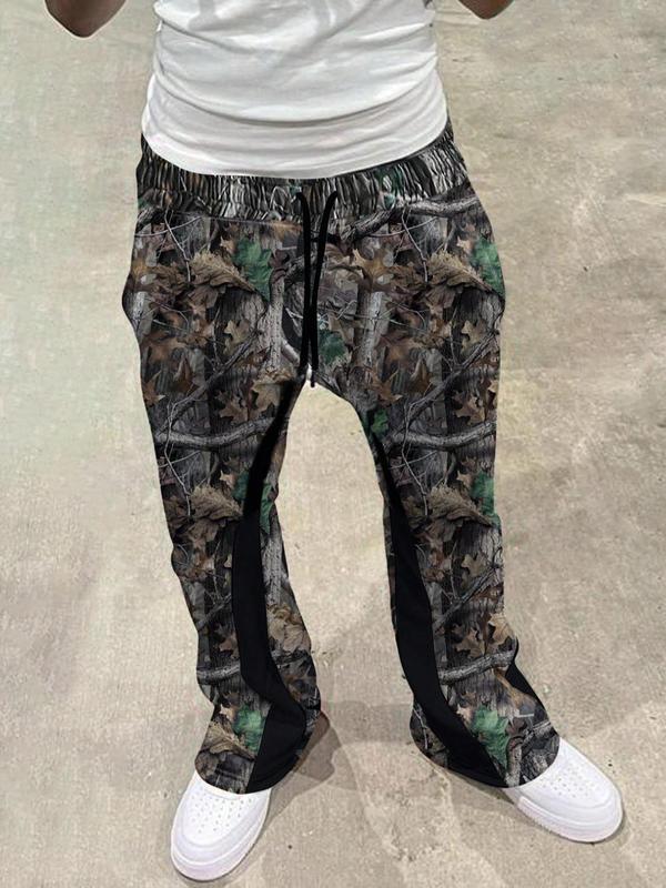 Men's All Over Print Patchwork Drawstring Waist Flare Leg Pants, Y2k Regular Fit Casual Comfy Pocket Trousers for Fall & Winter, Men's Bottoms for Daily Wear