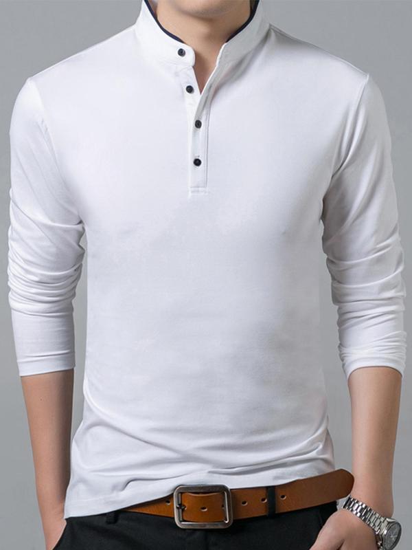 Men's Solid Color Long Sleeve Polo Shirt, Regular Fit Casual Fashion Button Front Collared Top for Spring & Fall, Men's Clothes for Daily Wear