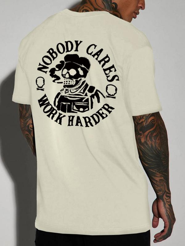 Men's Letter & Skull Print Round Neck Tee, Regular Fit Casual Short Sleeve Crew Neck T-shirt for Daily Wear, Graphic Tees, Comfy Knitting Streetwear for All Seasons