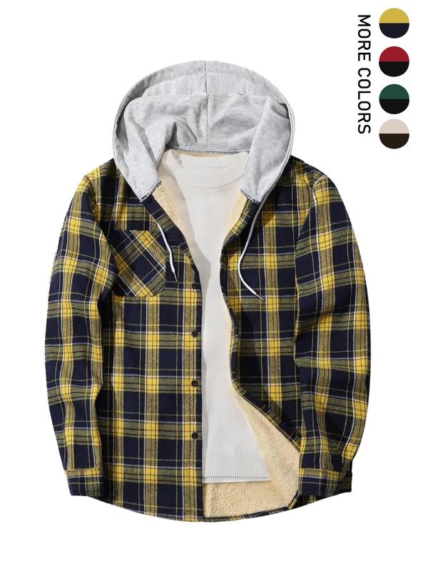 Men's Plaid Print Button Front Drawstring Hooded Shirt, Regular Fit Casual Long Sleeve Pocket Top for Fall & Winter, Men's Clothes for Daily Wear