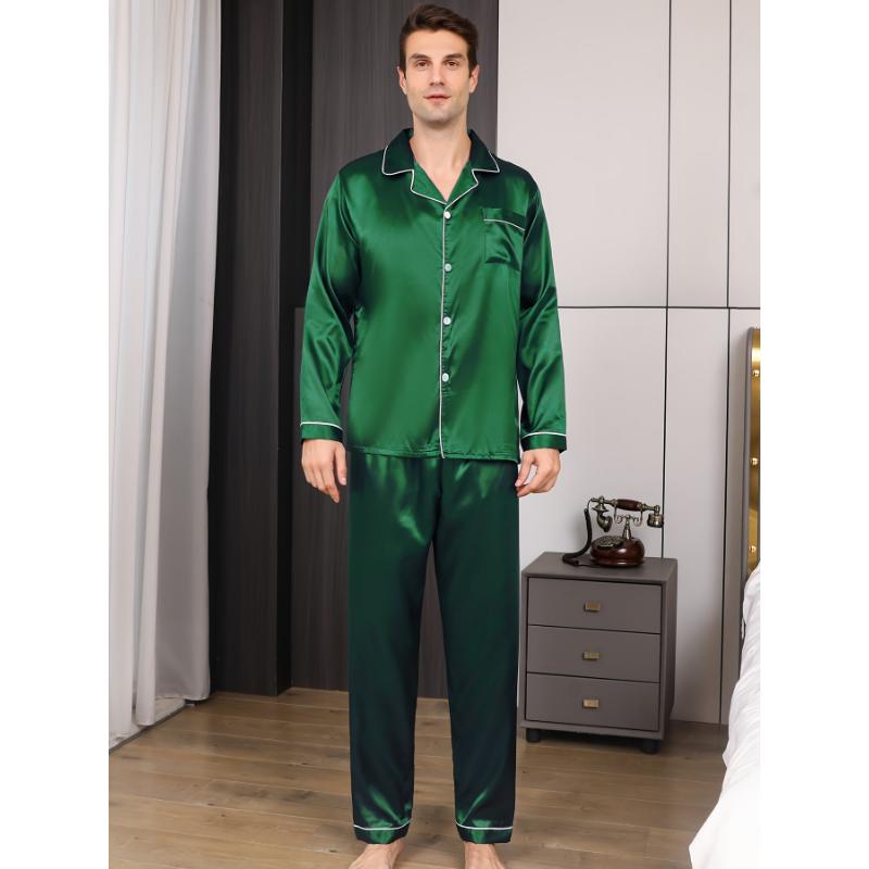 Plus Size Men's 2pcs Pajamas Set, Long Sleeve Button Down Sleepwear & Lounge Wear For Spring & Autumn