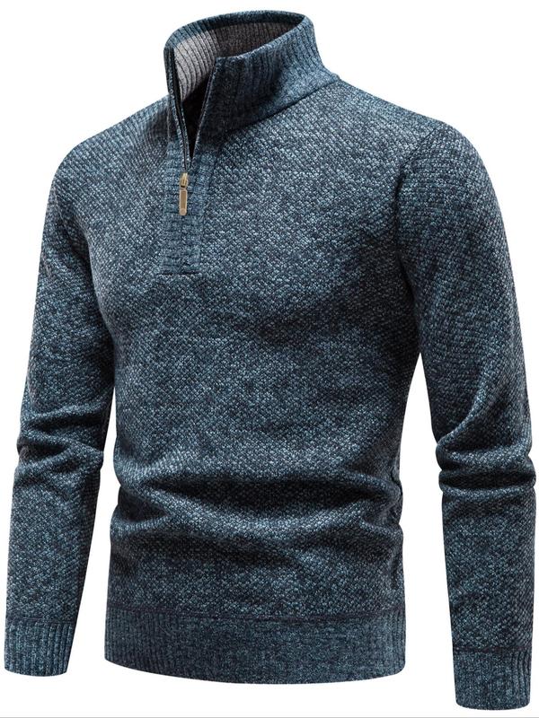 Men's Solid Zip Up Stand Collar Sweater, Casual Regular Fit Long Sleeve Jumper for Fall & Winter, Fashion Men's Knitwear for Daily Wear