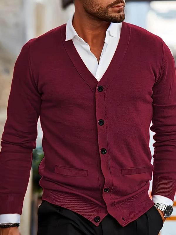 Men's Solid Button Front V Neck Cardigan, Slim Casual Long Sleeve Knitwear for Spring & Fall, Fashion Men's Knit Clothing for Daily Wear